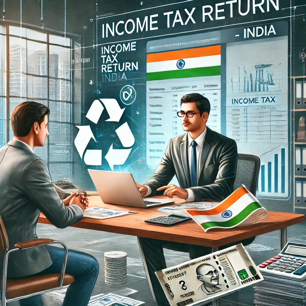 DALL·E 2025-02-14 07.29.06 - A high-quality, detailed illustration representing income tax return services in an Indian context. The image features a professional tax consultant s