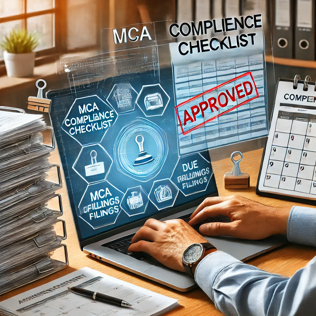 DALL·E 2025-02-14 22.31.03 - A compliance officer working on a laptop with an open dashboard displaying 'MCA Compliance Checklist.' Stacks of files, a calendar marked with due dat
